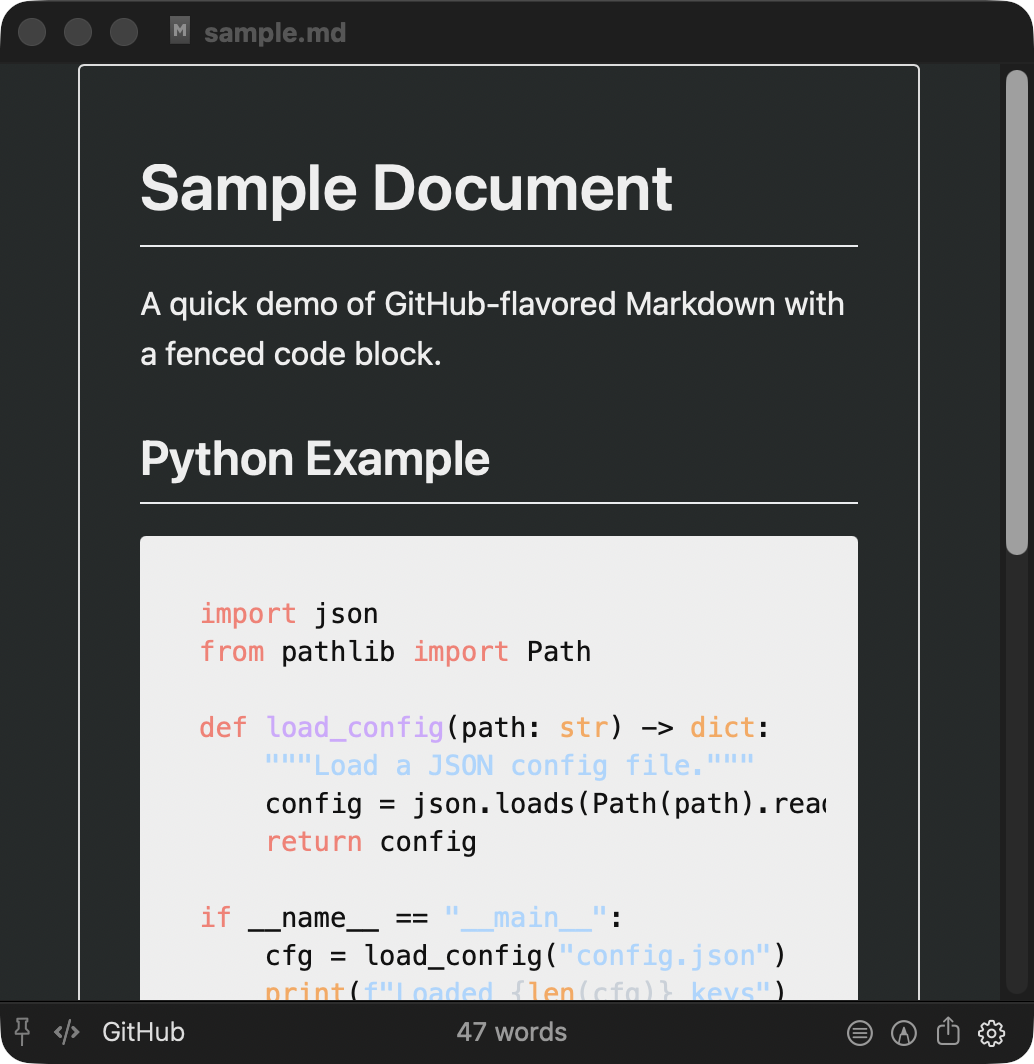 Preview Dark Mode, github-dark code syntax theme