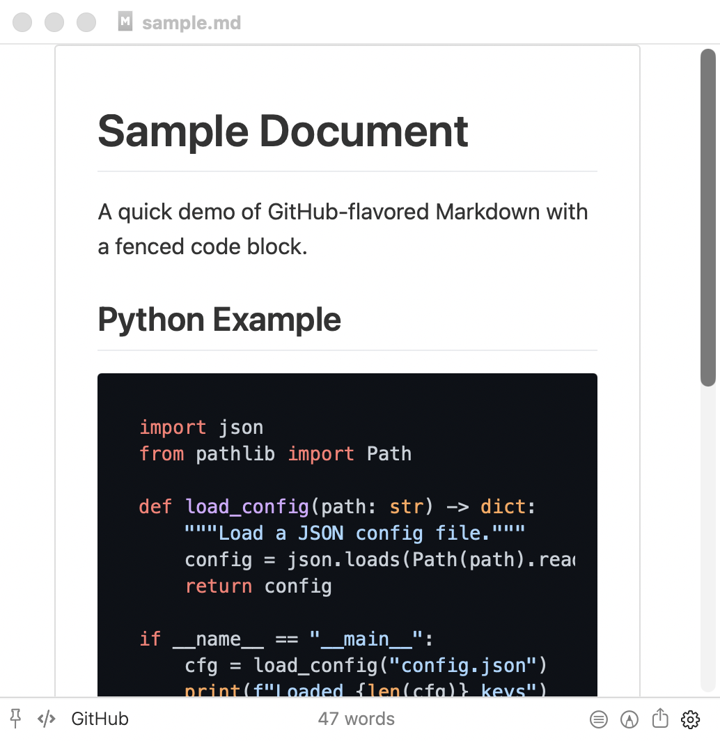 Preview Light Mode, github-dark code syntax theme