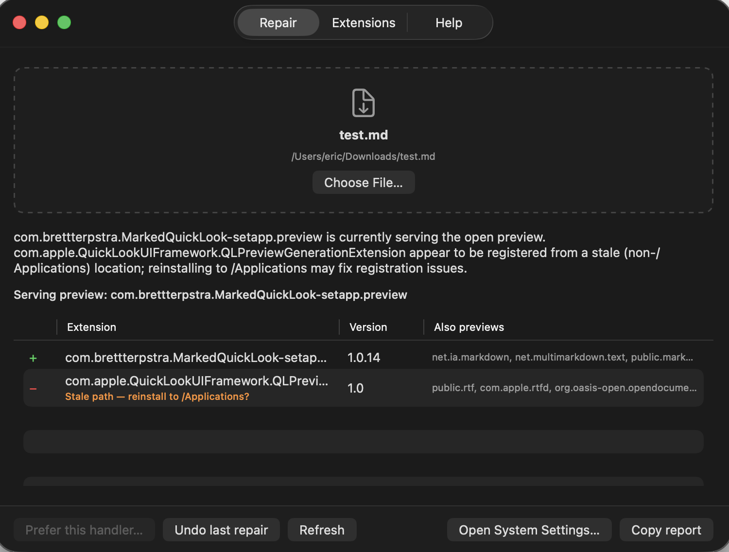 Image of QuickLook Doctor output for the test.md file