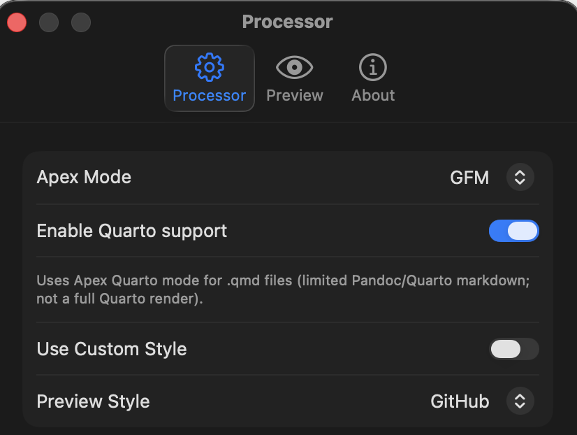 MarkedQL Settings Processor page